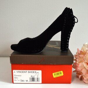 J. Vincent Black Velvet Peep-Toe Lace-Up Platform Heels